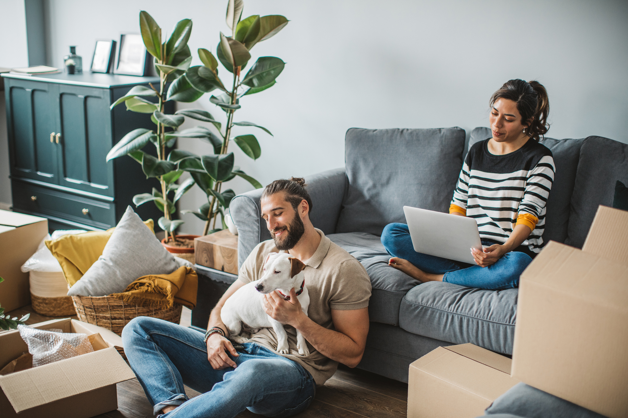 Couple with dog and moving boxes