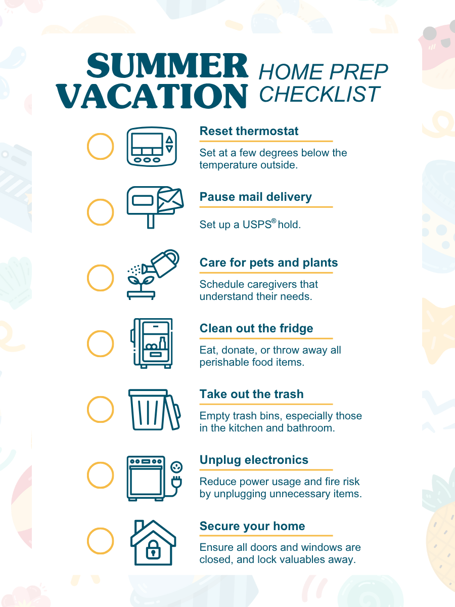 Checklist of tasks to complete to prepare your home when leaving for vacation