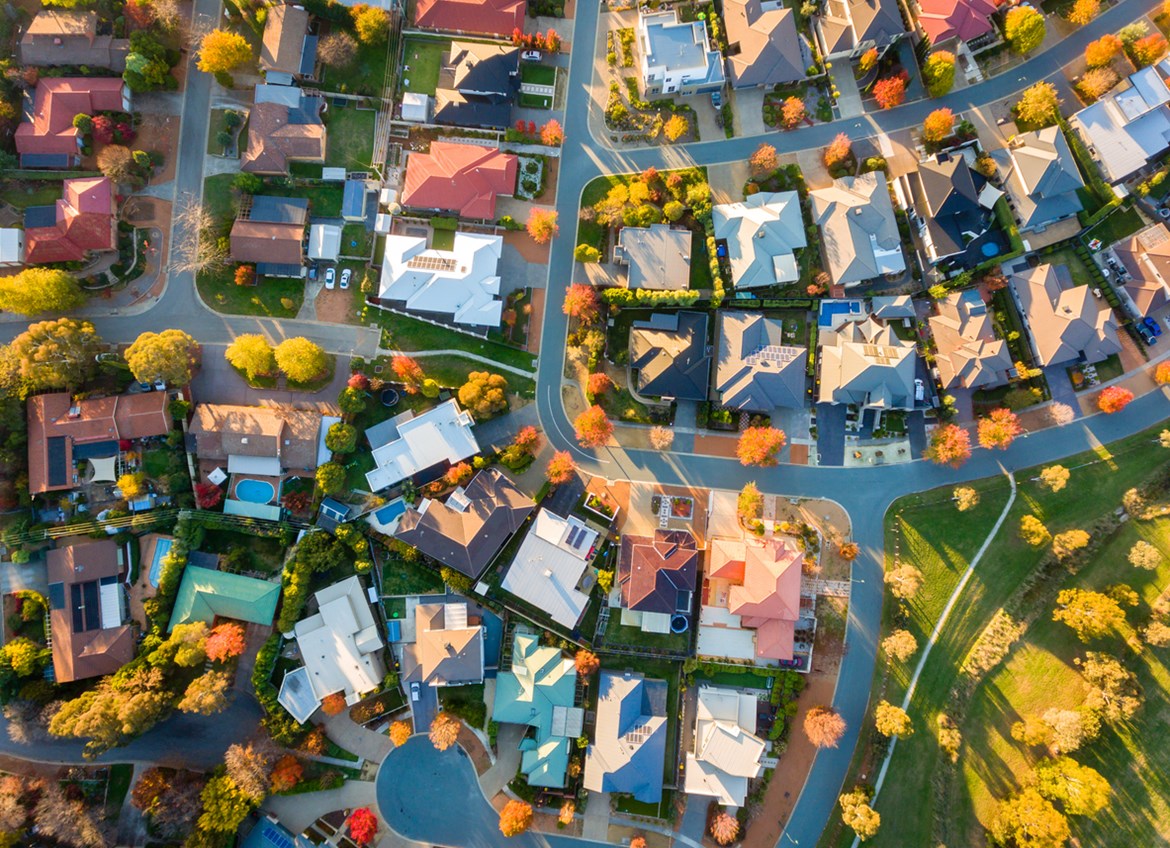 Overhead view of neighborhood in Autumn