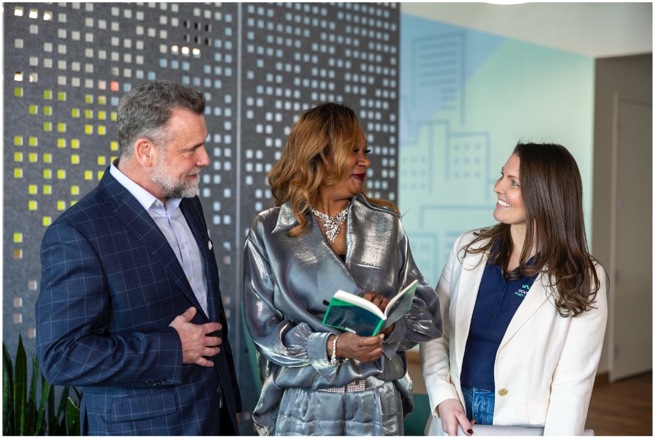 Coworkers talking together.